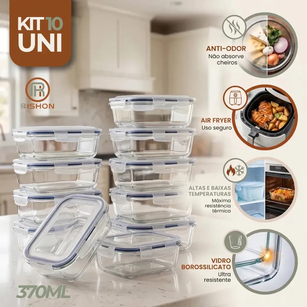Kit 10 Pote de Vidro Marmita Hermético 370ml Freezer Fitness Rishon