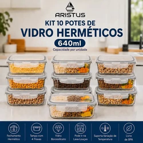 Kit 10 Potes Vidro Hermético Aristus 640ml Marmita Anti Vazamento Forno Micro Ondas Freezer Tampa 4 Travas Cinza