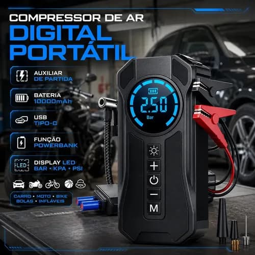 Mini Compressor de Ar Portatil Bateria Emergncia Ignico Automotiva Potente Preto Compacto