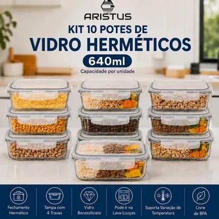 Kit 10 Potes Vidro Hermético Aristus 640ml Marmita Anti Vazamento Forno Micro Ondas Freezer Tampa 4 Travas Cinza